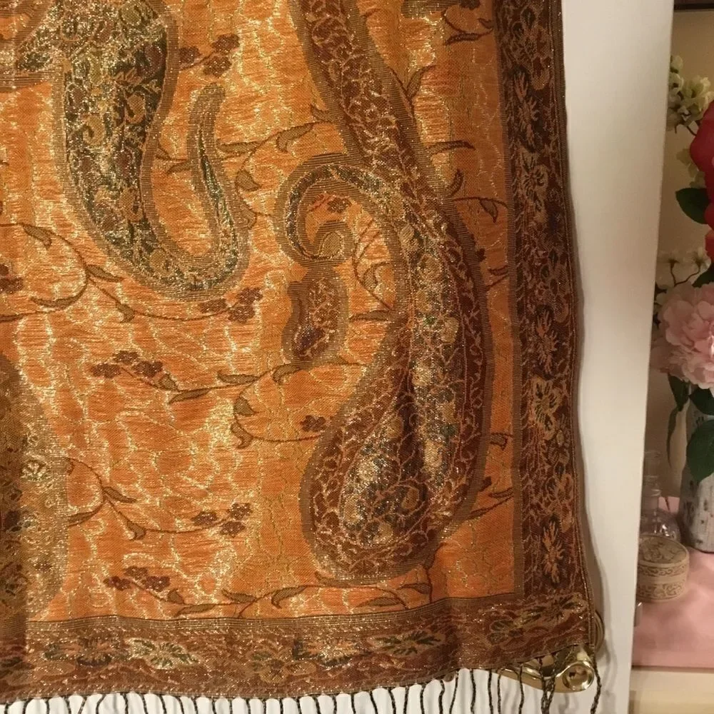 NWOT Orange and Browns with Silver Threads Scarf or Stole/Wrap